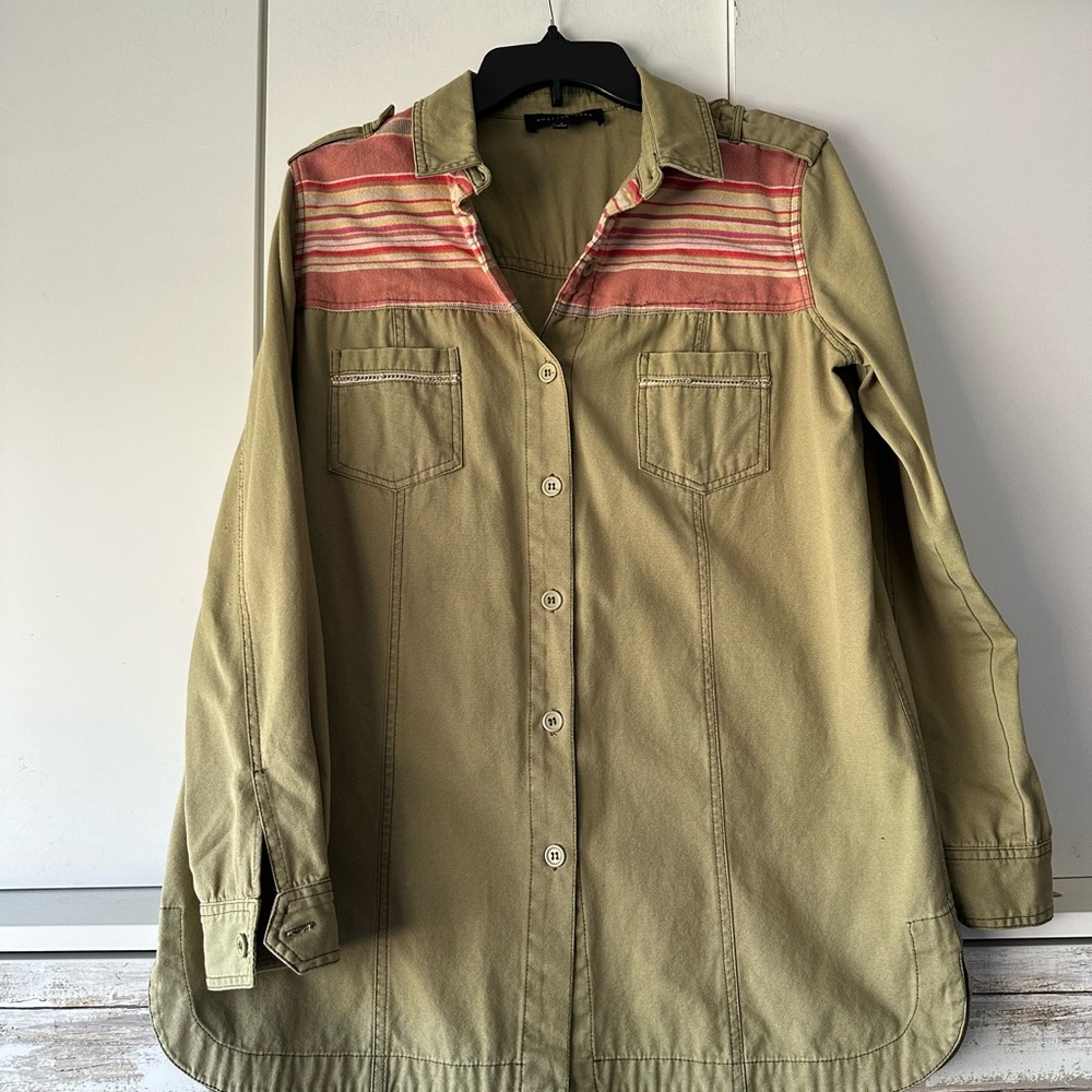 English Rose Olive Utility Button Down Shirt Small Cotton Striped Yoke
